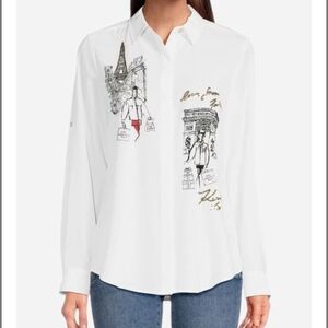 Karl Lagerfeld White Button-Down Shirt with Paris Sketch & Gold Script